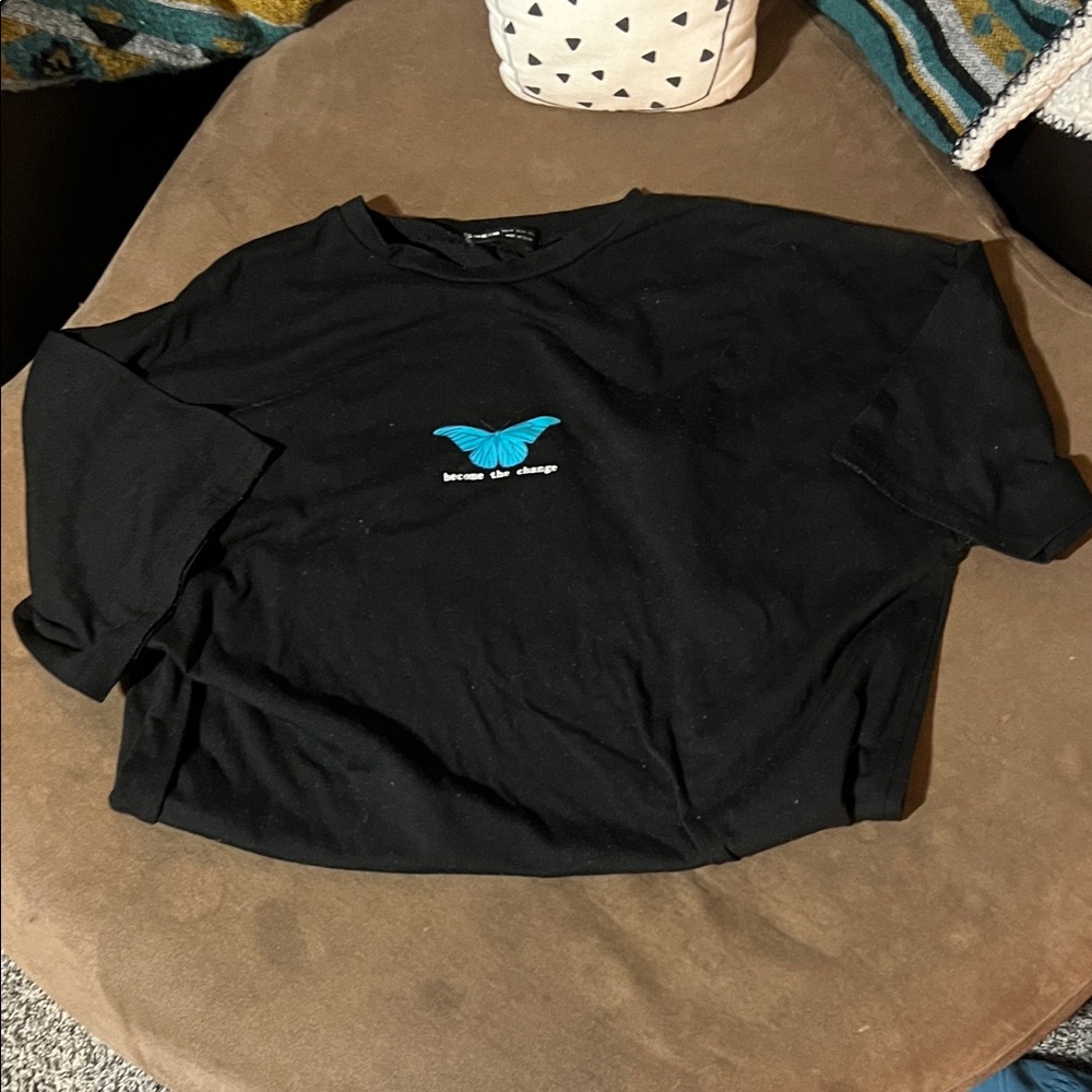 SHEIN Black Tee with Blue Butterfly